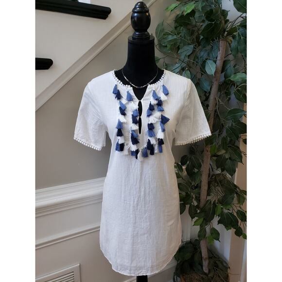 Fashion Port Shift Dress Women Medium White Contrast Tassel V Neck Short Sleeve - Picture 2 of 13